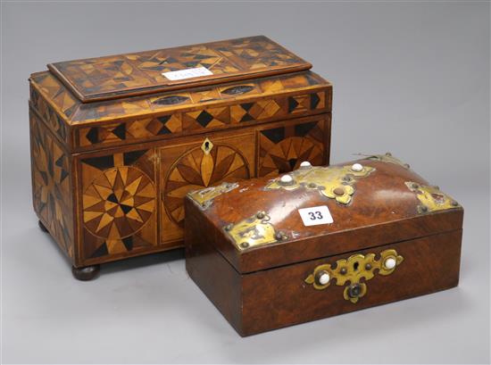 A Victorian parquetry tea caddy and a Victorian walnut casket